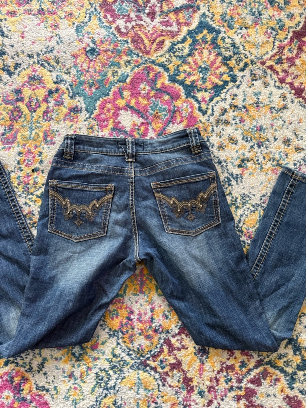 Y2K Mallgoth Dark Wash Skinny Jeans Gold Embroidered Low Rise Grunge